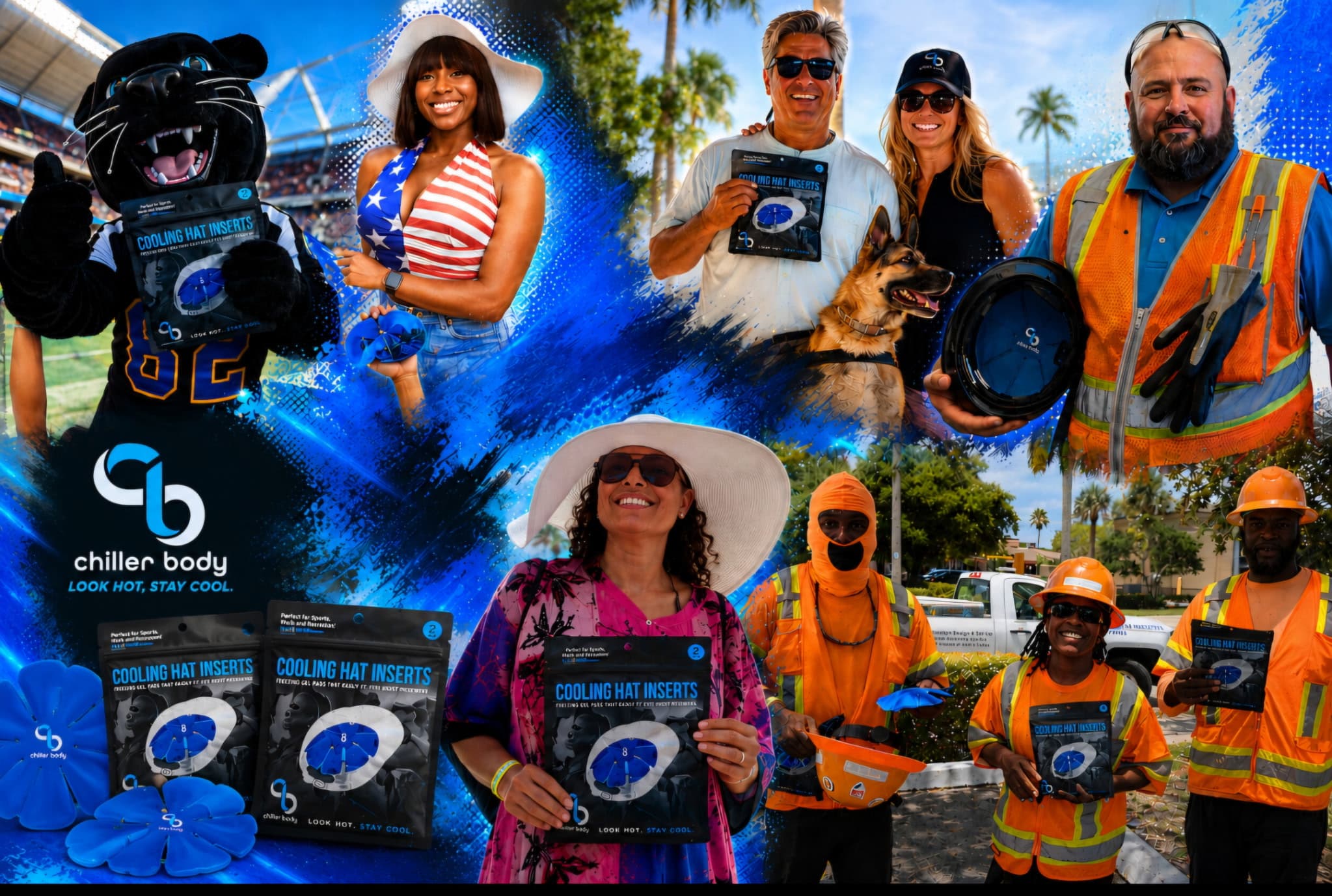 Workers, athletes, outdoor users, and a team mascot holding Chiller Body cooling hat insert packs across work, sports, and recreation settings